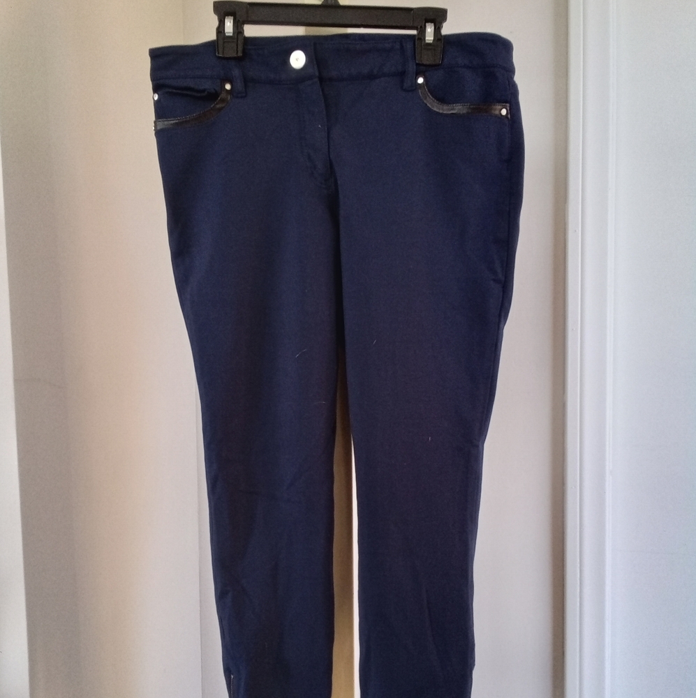 WHBM navy skinny stretchy pants with leather details